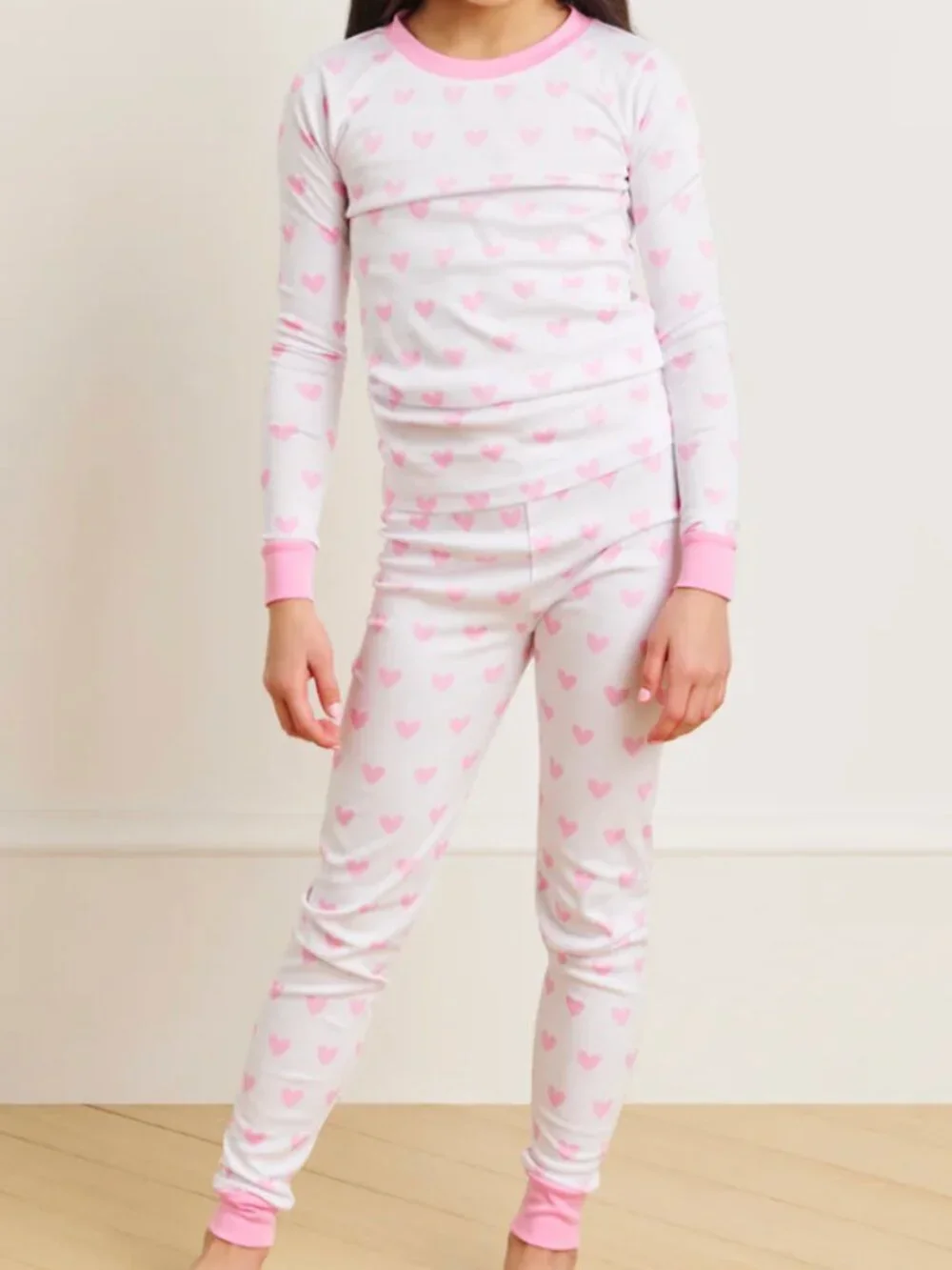Lake Kids Long-Long Pima Cotton Pajama Set in Darling Pink Heart - Size 4